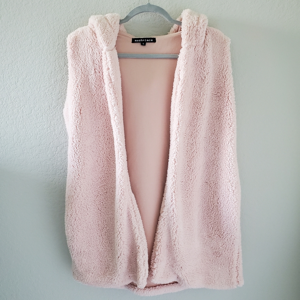 Mesh + Lace light pink teddy hooded open front long vest